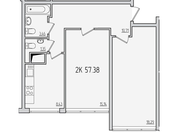 ЖК П'ятдесят третя перлина: планування 2-кімнатної квартири 57.38 м²