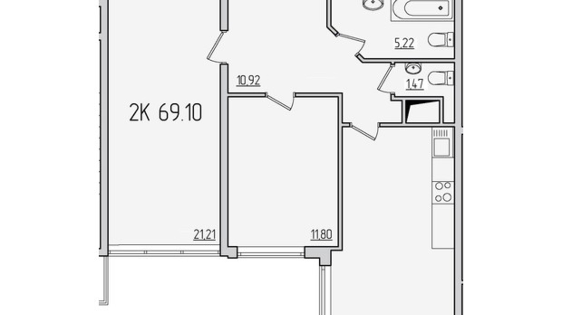 Планировка 2-комнатной квартиры в ЖК Пятьдесят третья жемчужина 69.1 м², фото 606077