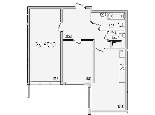 ЖК Пятьдесят третья жемчужина: планировка 2-комнатной квартиры 69.1 м²