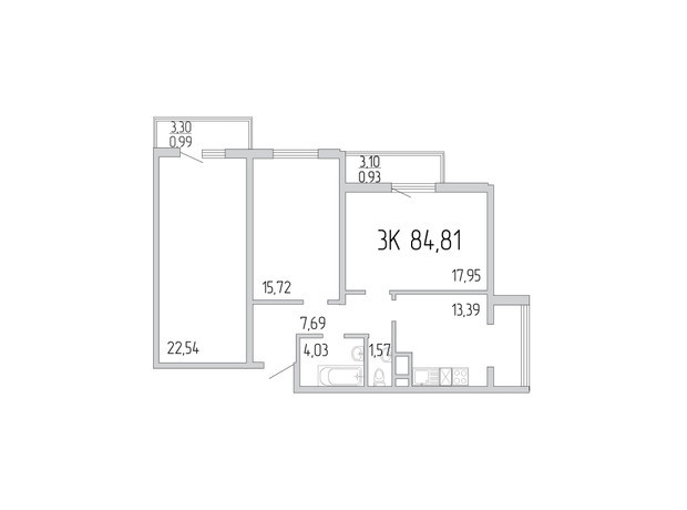 ЖК Пятьдесят седьмая жемчужина: планировка 3-комнатной квартиры 84.81 м²