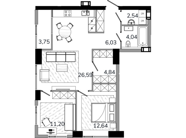 ЖК MARSHALL: планування 2-кімнатної квартири 73.63 м²