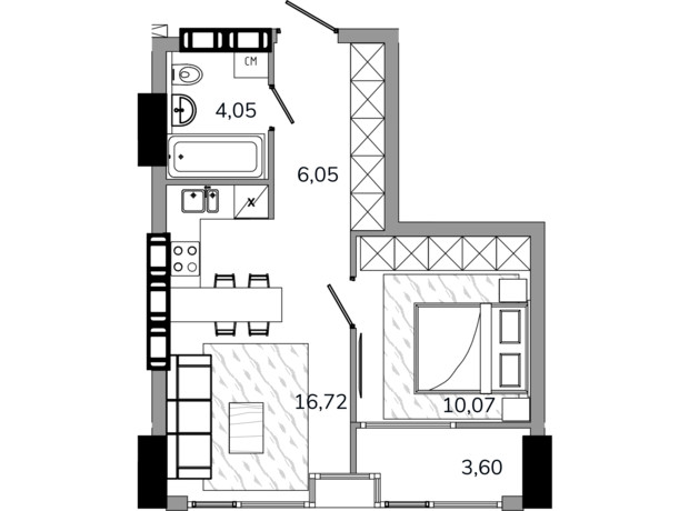 ЖК MARSHALL: планування 1-кімнатної квартири 41.05 м²