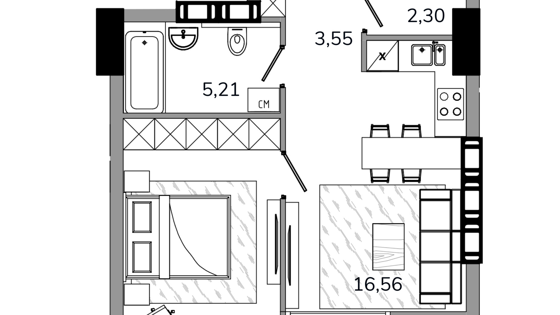 Планування 1-кімнатної квартири в ЖК MARSHALL 47.07 м², фото 606157