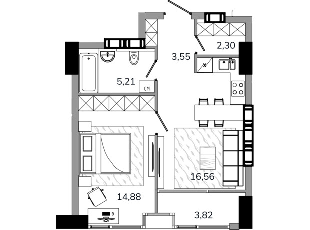 ЖК MARSHALL: планировка 1-комнатной квартиры 47.07 м²