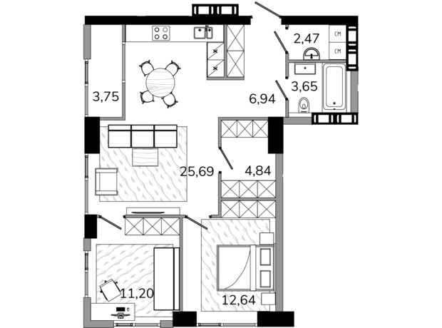 ЖК MARSHALL: планування 2-кімнатної квартири 73.39 м²