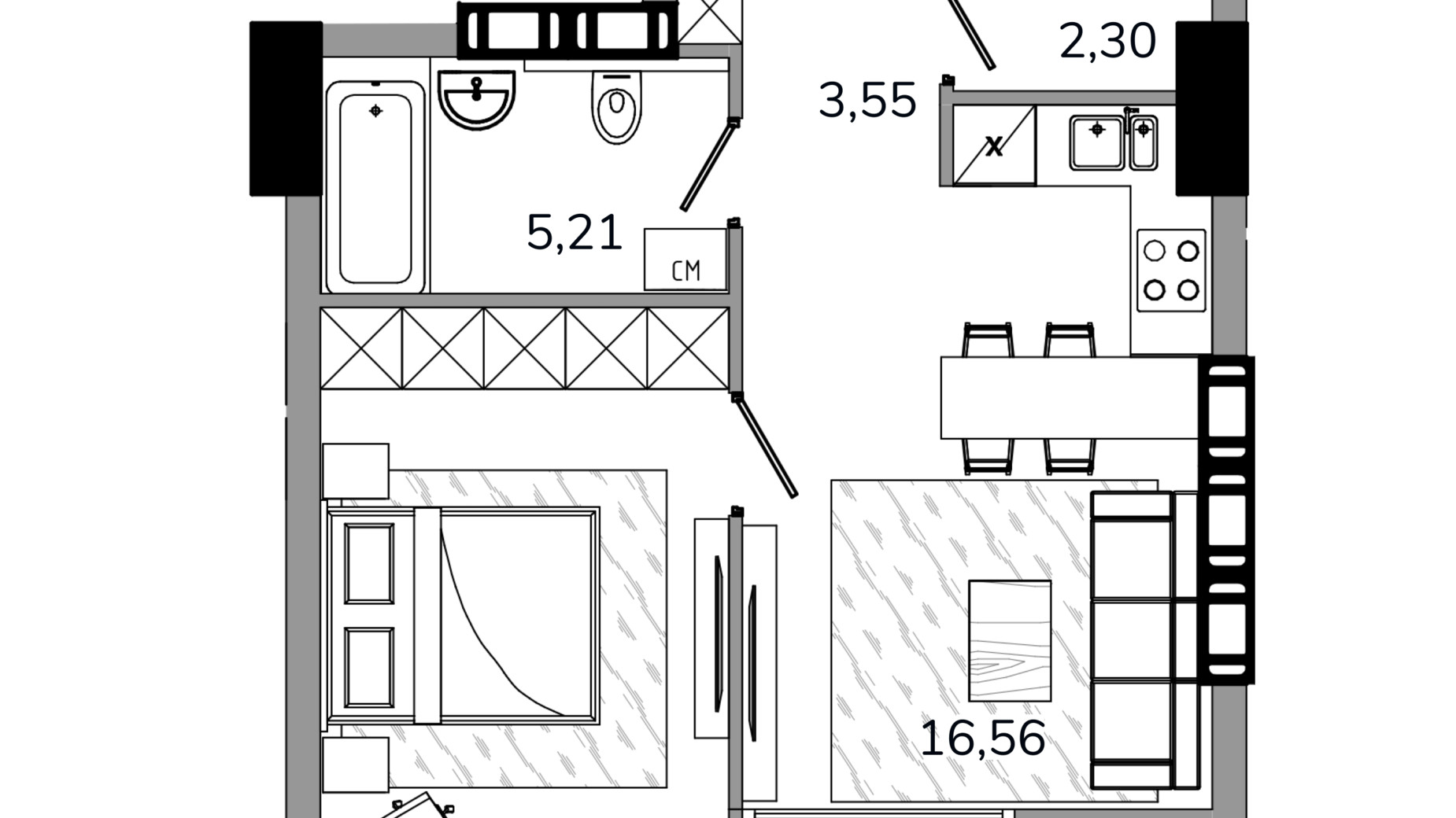 Планировка 1-комнатной квартиры в ЖК MARSHALL 47.07 м², фото 606159