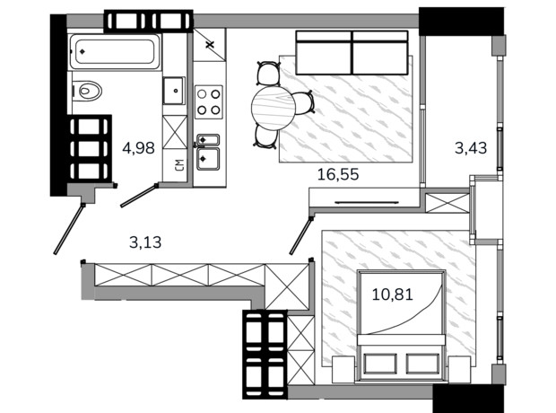 ЖК MARSHALL: планировка 1-комнатной квартиры 39.36 м²