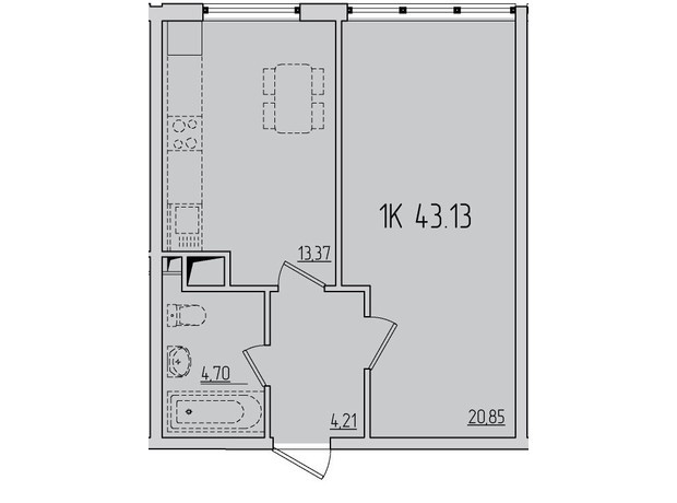 ЖК П'ятдесят четверта перлина: планування 1-кімнатної квартири 43.13 м²