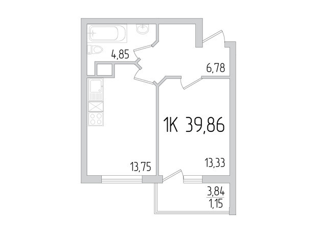 ЖК Пятьдесят девятая жемчужина: планировка 1-комнатной квартиры 39.86 м²