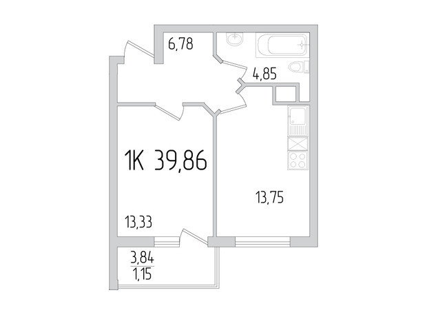 ЖК Пятьдесят девятая жемчужина: планировка 1-комнатной квартиры 39.86 м²