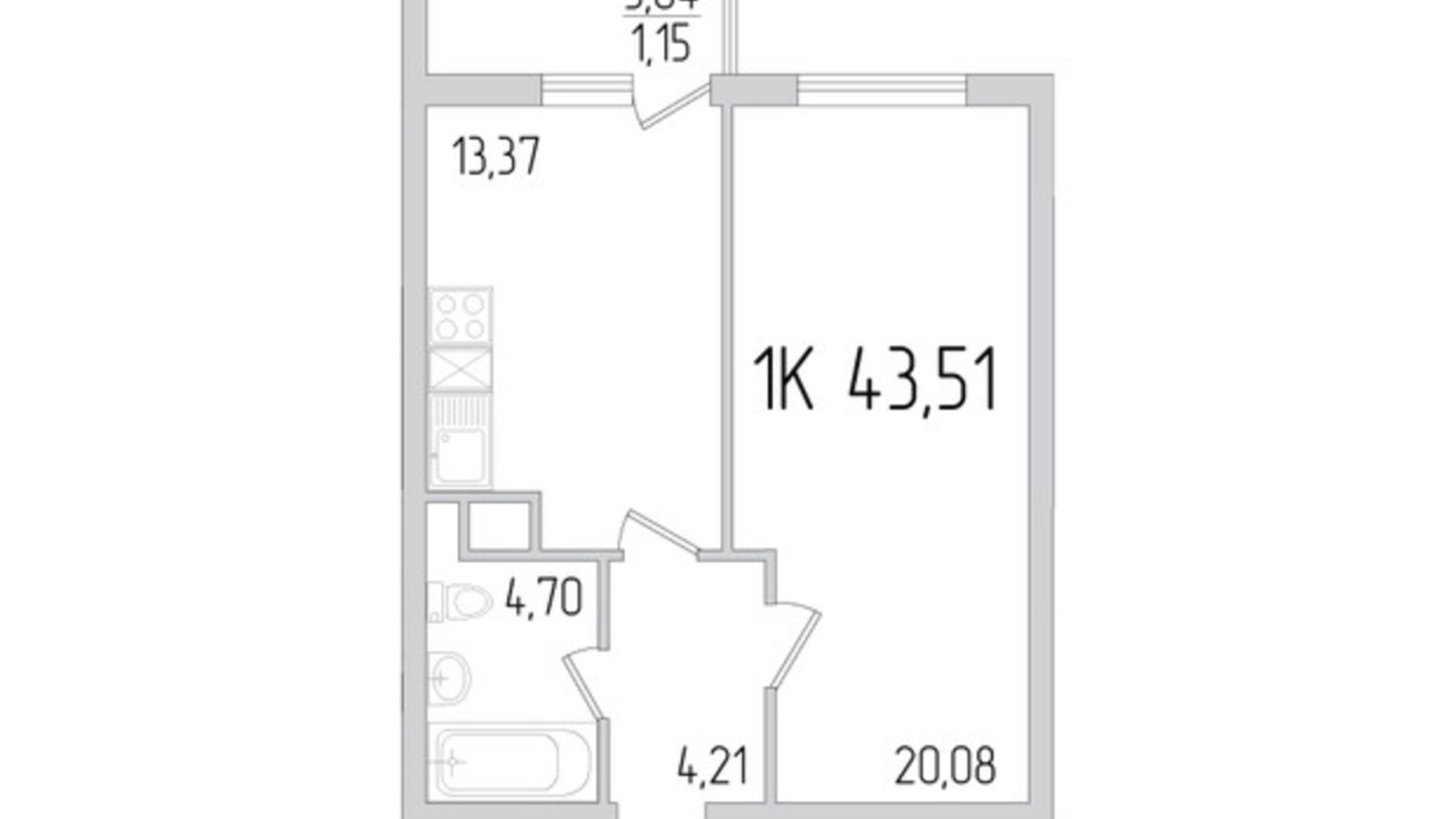 Планування 1-кімнатної квартири в ЖК П'ятдесят дев'ята перлина 43.51 м², фото 606180