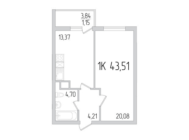 ЖК Пятьдесят девятая жемчужина: планировка 1-комнатной квартиры 43.51 м²
