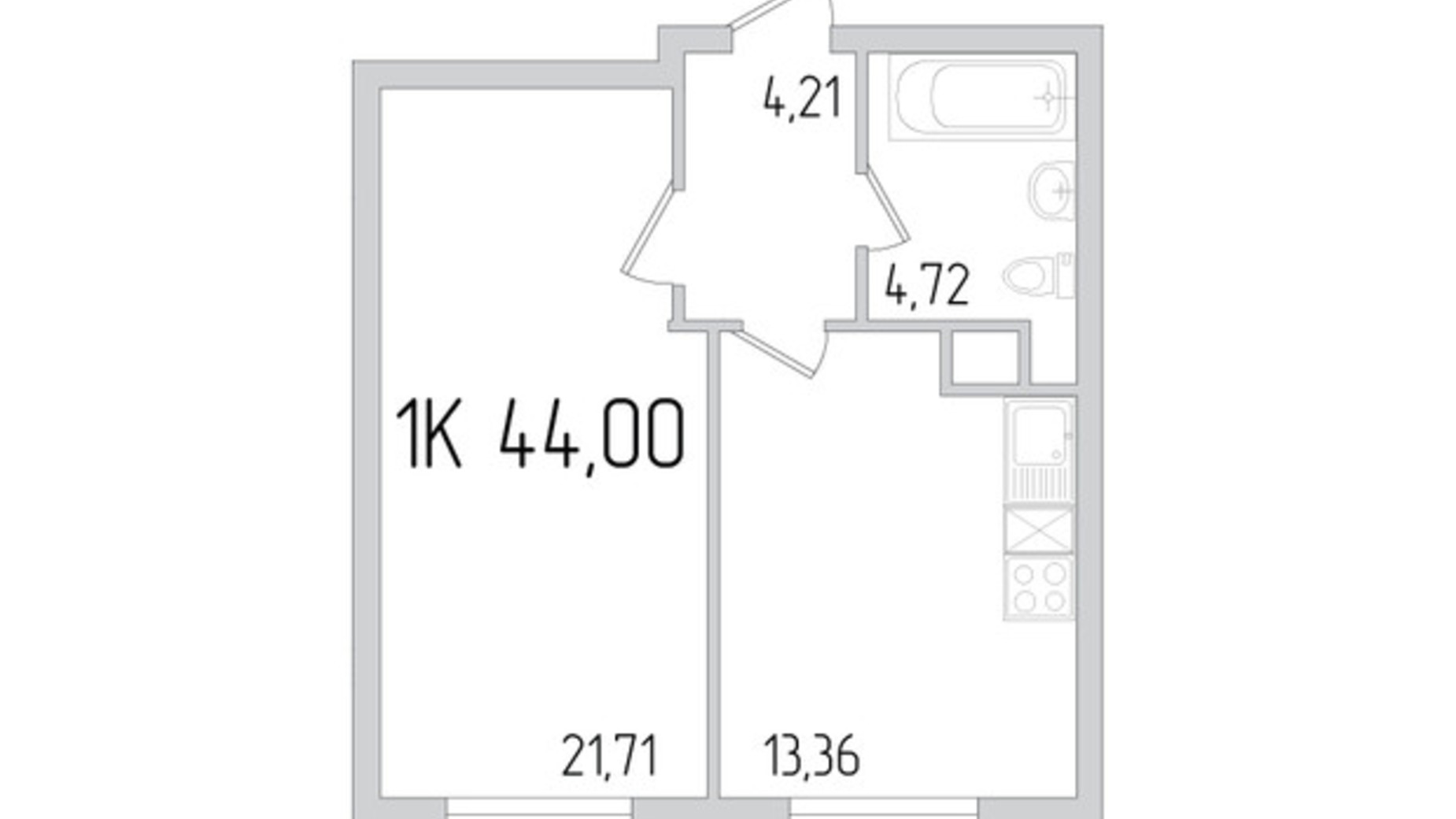 Планування 1-кімнатної квартири в ЖК П'ятдесят дев'ята перлина 44 м², фото 606181