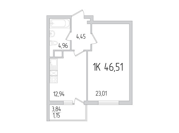 ЖК Пятьдесят девятая жемчужина: планировка 1-комнатной квартиры 46.51 м²