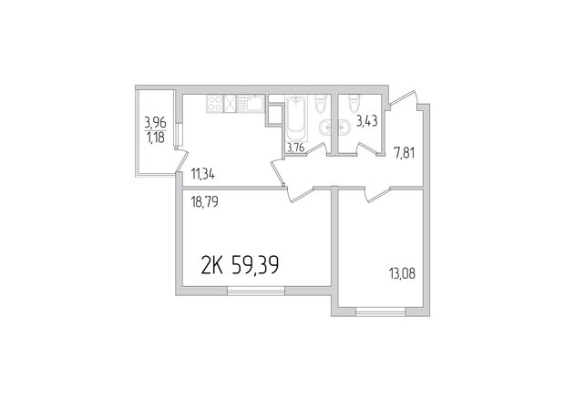 ЖК Пятьдесят девятая жемчужина: планировка 2-комнатной квартиры 59.39 м²