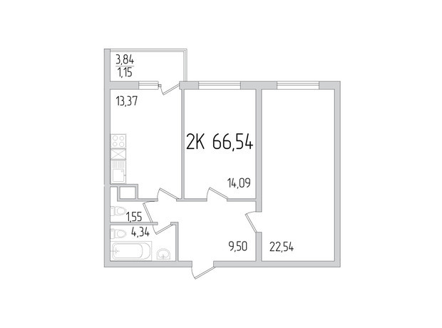 ЖК Пятьдесят девятая жемчужина: планировка 2-комнатной квартиры 66.54 м²