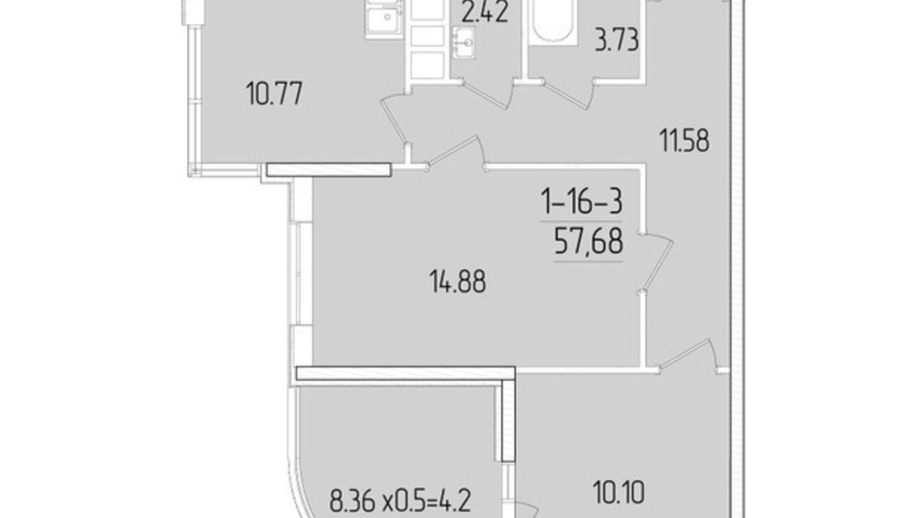 Планировка 2-комнатной квартиры в ЖК Kadorr City 57.68 м², фото 606197