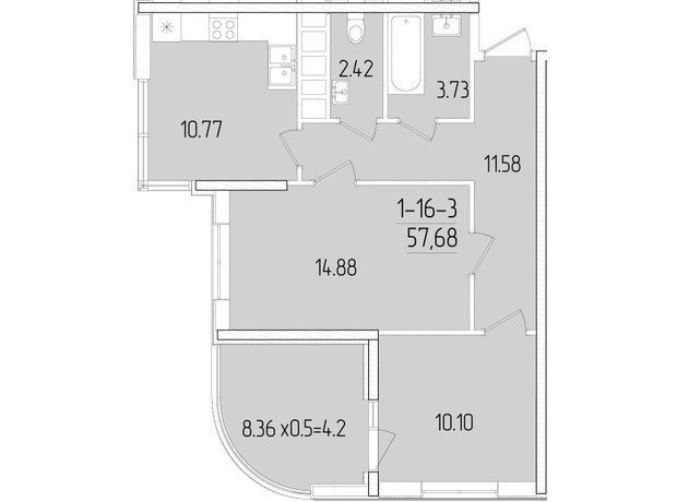 ЖК Kadorr City: планировка 2-комнатной квартиры 57.68 м²