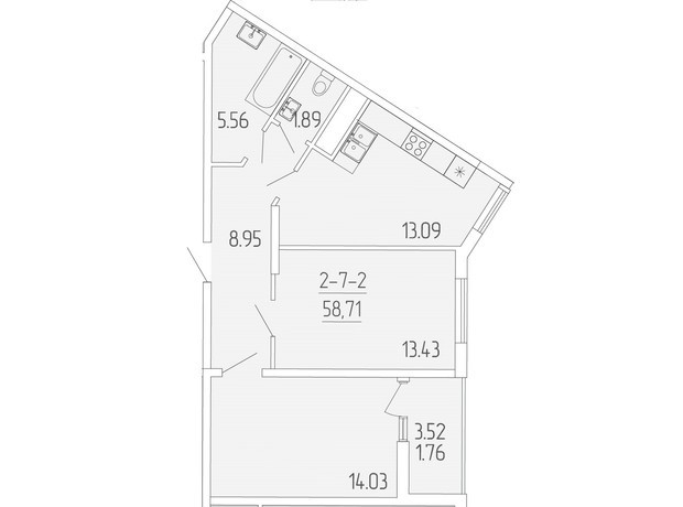 ЖК Kadorr City: планировка 2-комнатной квартиры 58.71 м²