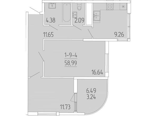 ЖК Kadorr City: планировка 2-комнатной квартиры 58.99 м²
