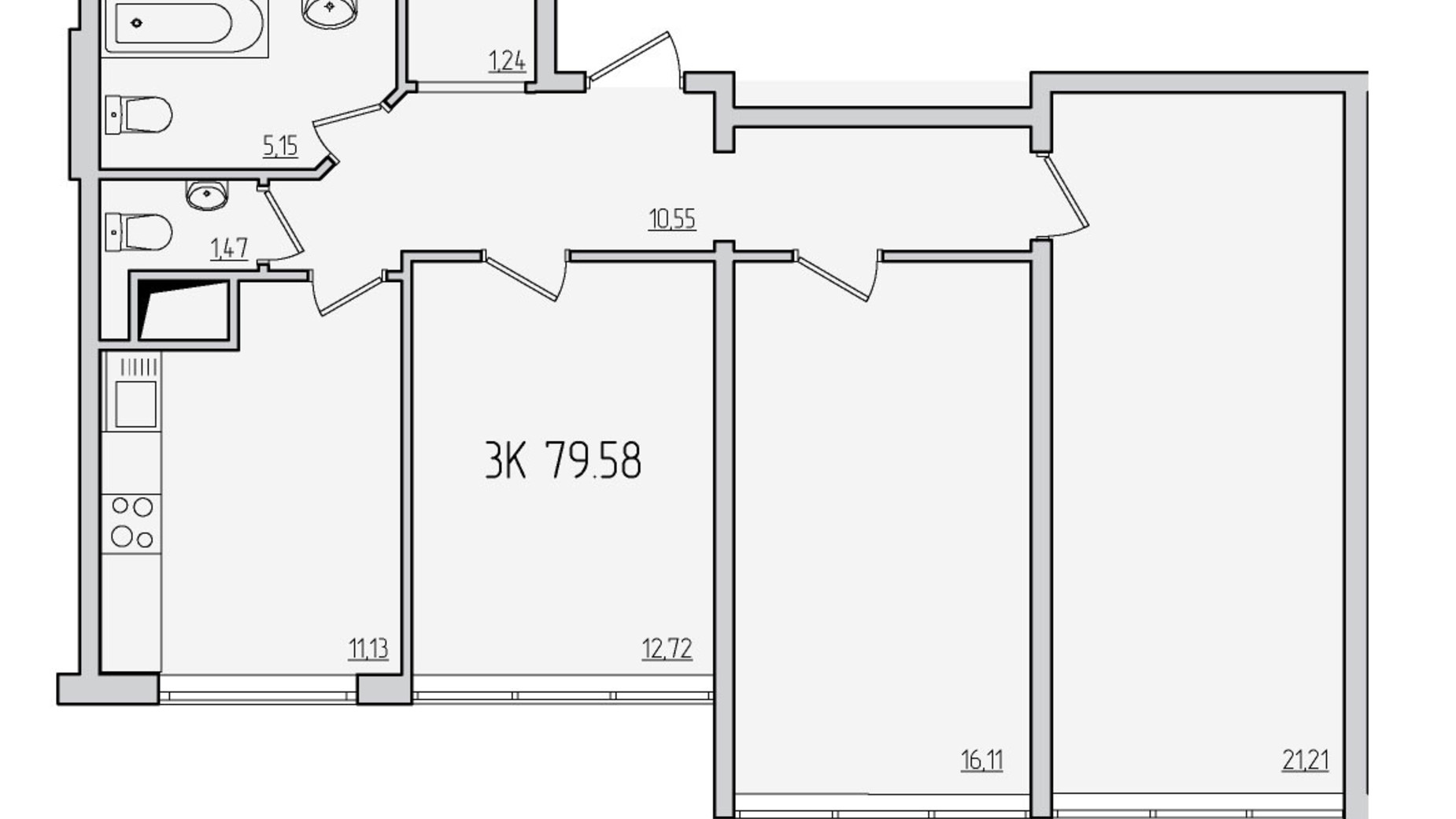 Планировка 3-комнатной квартиры в ЖК Пятьдесят третья жемчужина 80 м², фото 606333