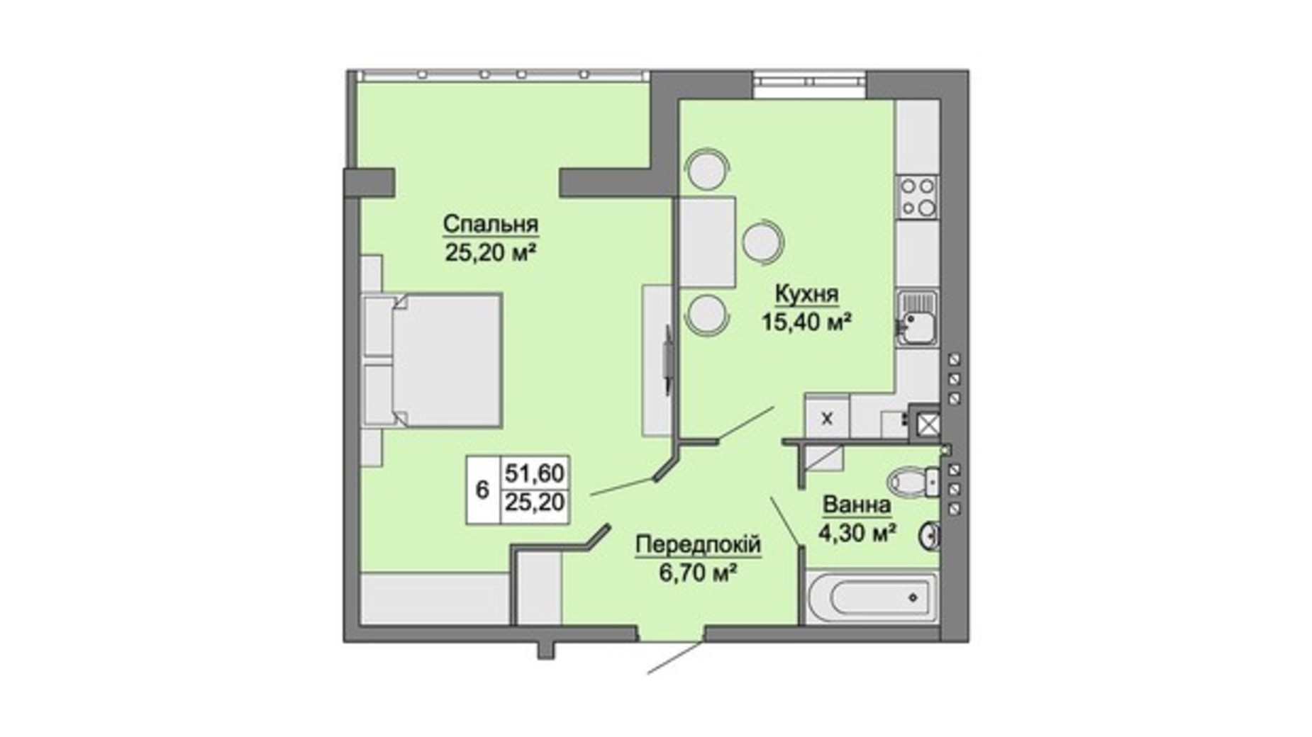 Планування 1-кімнатної квартири в ЖК Сучасне Житло 52.4 м², фото 606410