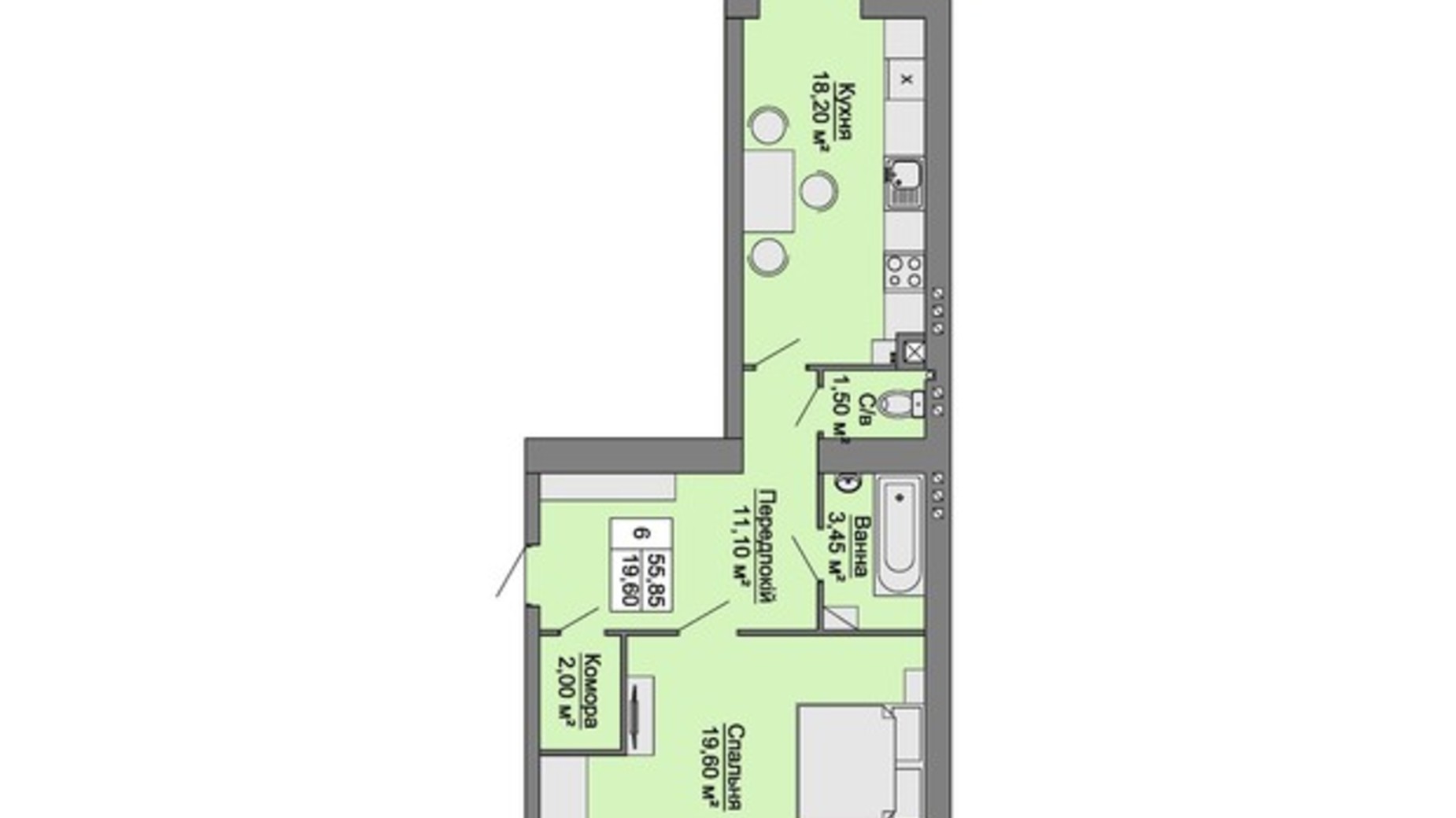 Планировка 1-комнатной квартиры в ЖК Сучасне Житло 55 м², фото 606413