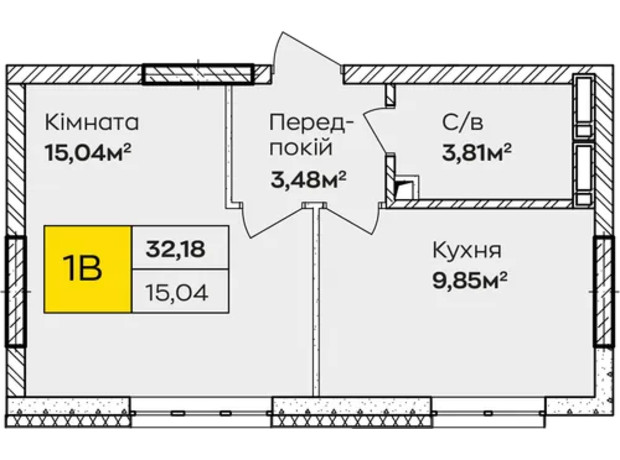 ЖК Синергія Київ: планування 1-кімнатної квартири 32.18 м²