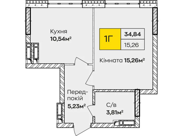 ЖК Синергія Київ: планування 1-кімнатної квартири 34.84 м²