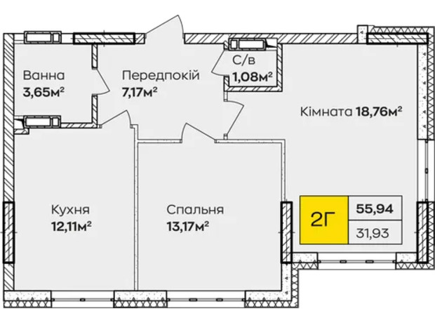 ЖК Синергия Киев: планировка 2-комнатной квартиры 55.94 м²