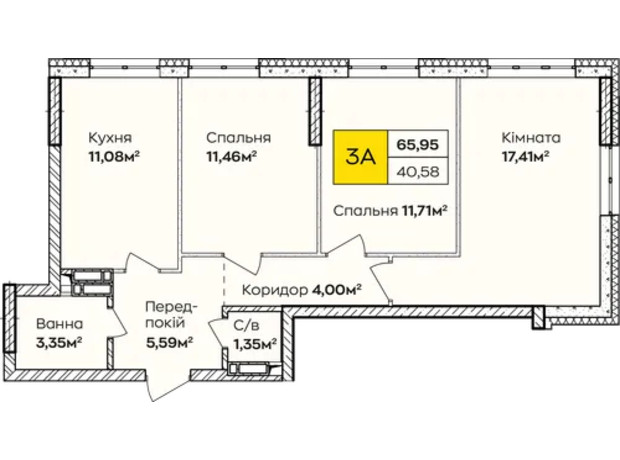 ЖК Синергия Киев: планировка 3-комнатной квартиры 65.95 м²