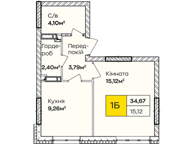 ЖК Синергия Киев: планировка 1-комнатной квартиры 34.67 м²