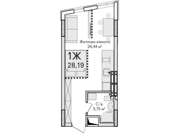 ЖК Синергия Сити: планировка 1-комнатной квартиры 28 м²