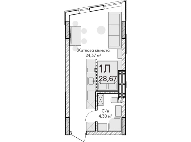ЖК Синергія Сіті: планування 1-кімнатної квартири 28 м²