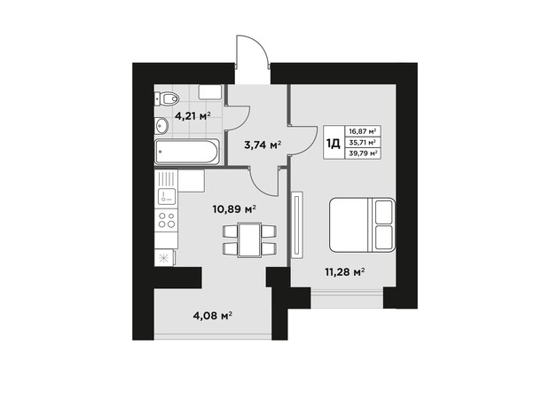 ЖК Millennium Park: планировка 1-комнатной квартиры 39.79 м²