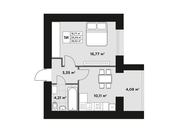 ЖК Millennium Park: планування 1-кімнатної квартири 38.52 м²