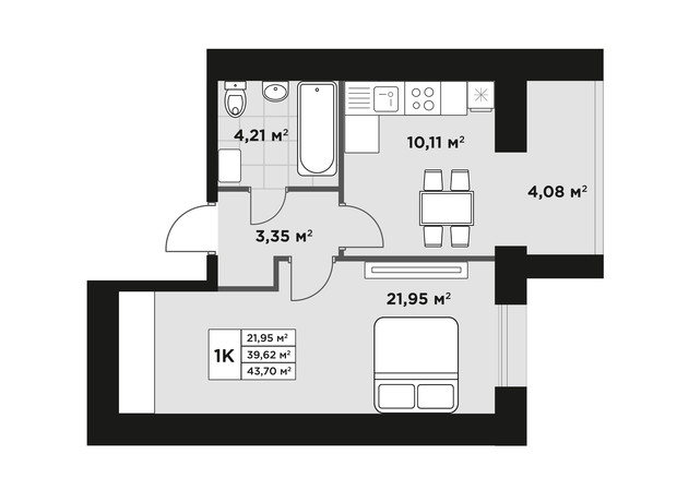 ЖК Millennium Park: планування 1-кімнатної квартири 43.7 м²