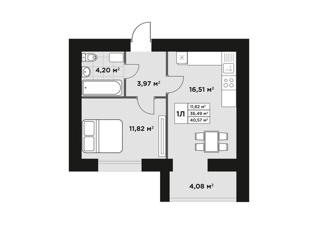 ЖК Millennium Park: планировка 1-комнатной квартиры 40.57 м²