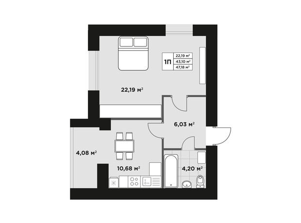 ЖК Millennium Park: планування 1-кімнатної квартири 47.18 м²