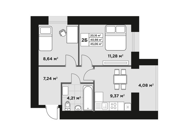 ЖК Millennium Park: планування 2-кімнатної квартири 45.06 м²