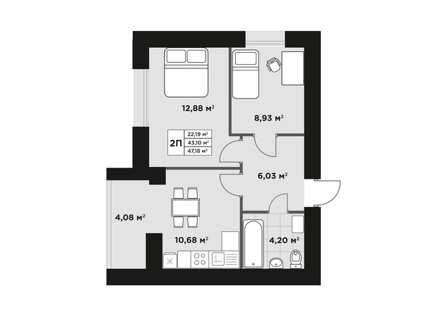 ЖК Millennium Park: планування 2-кімнатної квартири 47.18 м²