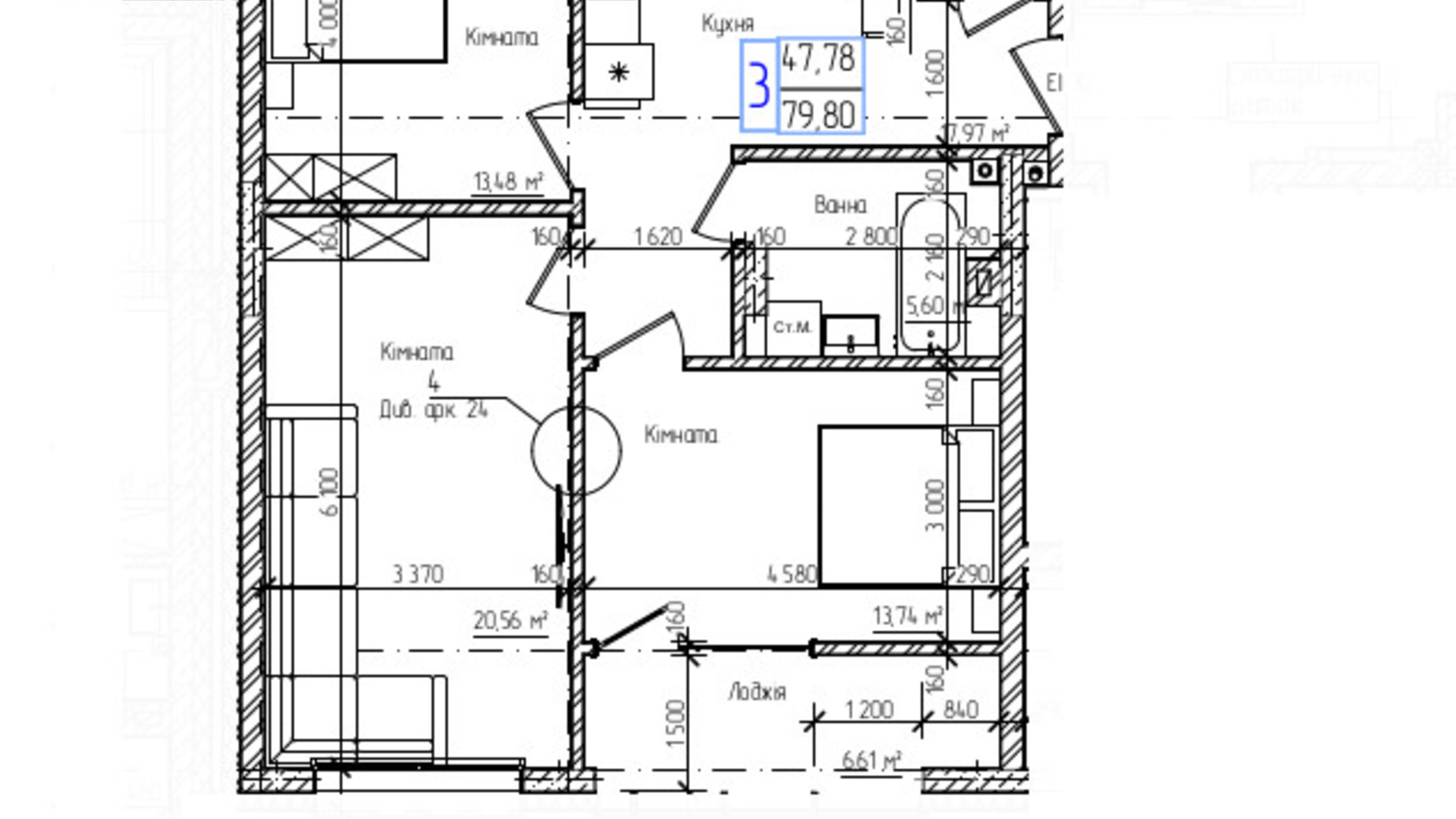 Планировка 3-комнатной квартиры в ЖК Фордевинд  79.8 м², фото 606537