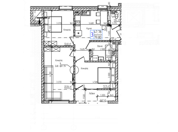 ЖК Фордевинд : планировка 3-комнатной квартиры 79.8 м²