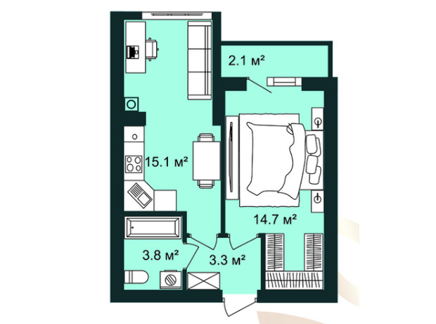 ЖК Европейские Липки: планировка 1-комнатной квартиры 39 м²