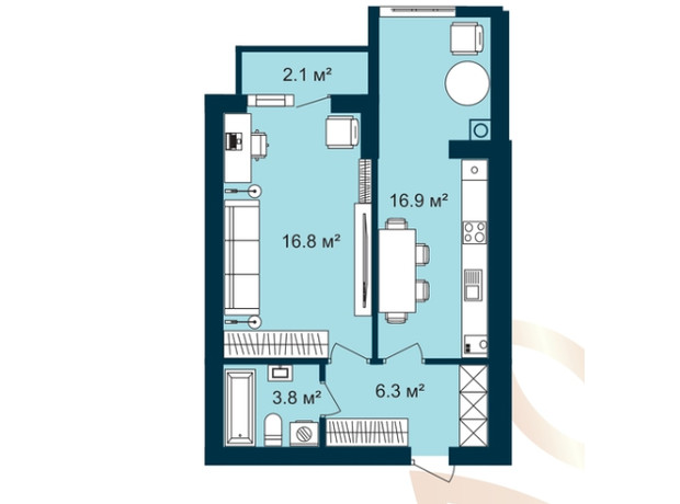 ЖК Европейские Липки: планировка 1-комнатной квартиры 45.9 м²