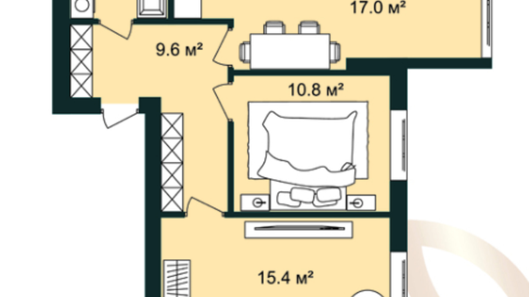 Планування 2-кімнатної квартири в ЖК Європейські Липки 56.6 м², фото 606544
