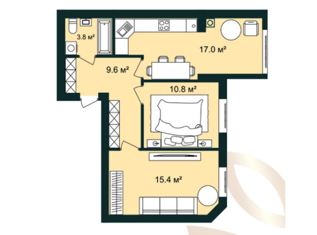 ЖК Європейські Липки: планування 2-кімнатної квартири 56.6 м²