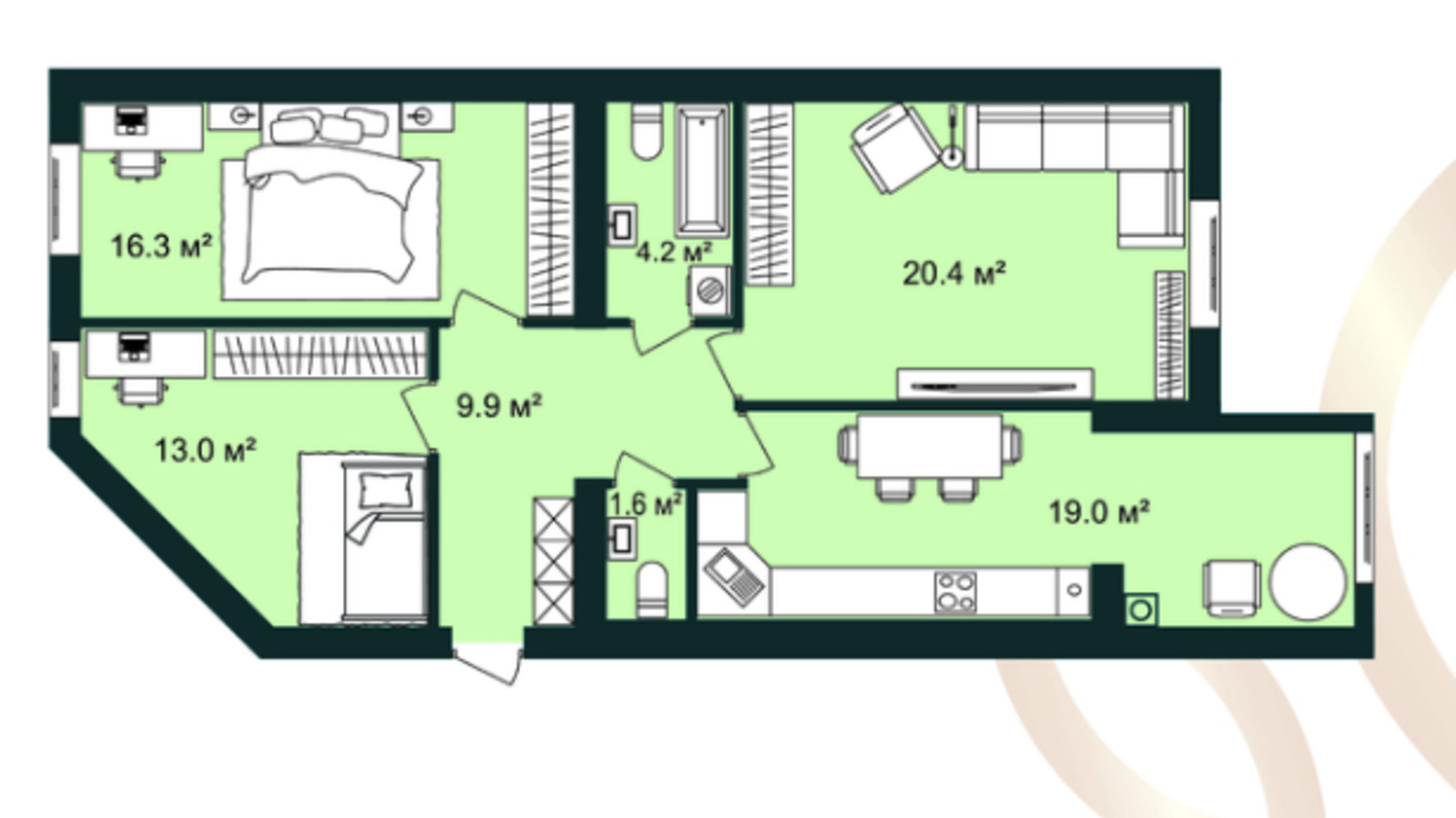 Планування 3-кімнатної квартири в ЖК Європейські Липки 84.4 м², фото 606547