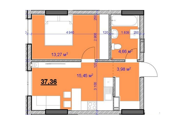 ЖК Grand Hall: планування 1-кімнатної квартири 37.36 м²