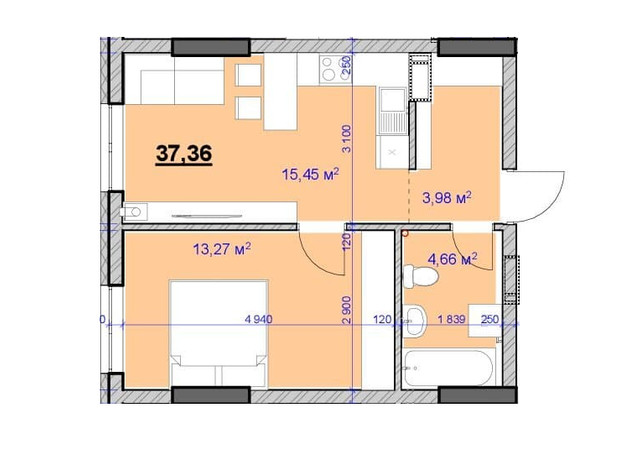 ЖК Grand Hall: планування 1-кімнатної квартири 37.36 м²